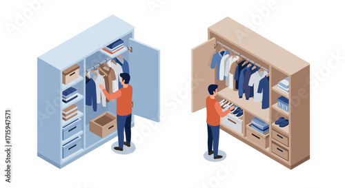 Isometric wardrobe organization: person arranging clothes in two styles of closets