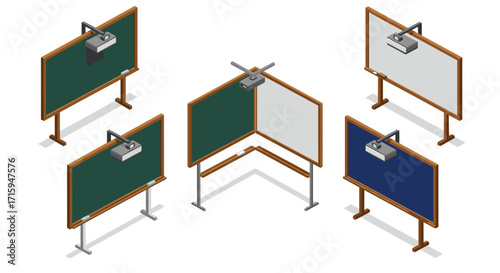 Isometric educational boards with projectors in various configurations