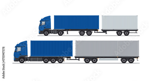 Realistic container trucks side view with trailers in blue and gray