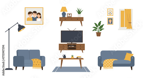 Modern living room set with furniture and decor elements in flat design