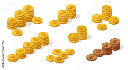 Isometric coin stacks with gold and bronze currencies on white background