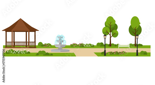 Charming park scene with gazebo, fountain, and trees in flat design