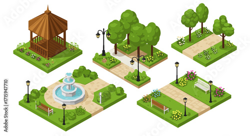Charming isometric park elements with gazebo, fountain, and benches for urban design