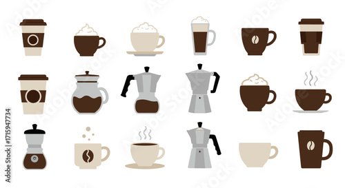 Coffee icon collection featuring cups, mugs, and coffee makers in flat design