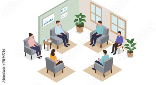 Group therapy session in modern office with isometric design and green accents