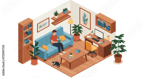 Cozy isometric home office with relaxed reading area and indoor plants