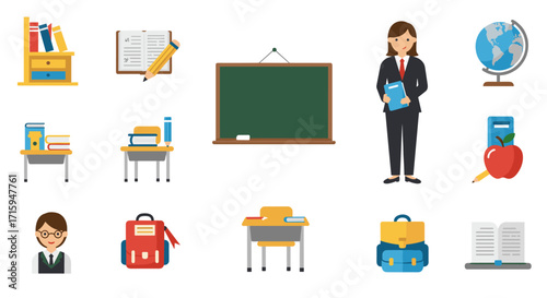Diverse classroom elements with teacher and learning tools in flat design