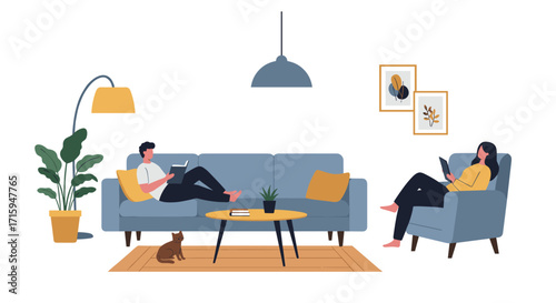 Cozy living room scene with people relaxing on sofa and chair