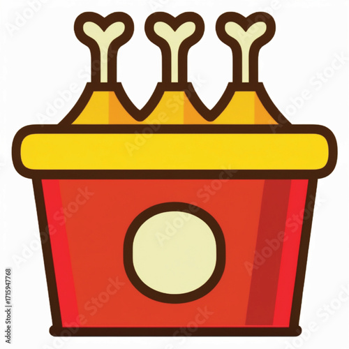 A cartoon illustration of three golden-brown fried chicken drumsticks in a red and yellow bucket, depicted in a simple, flat design style.
