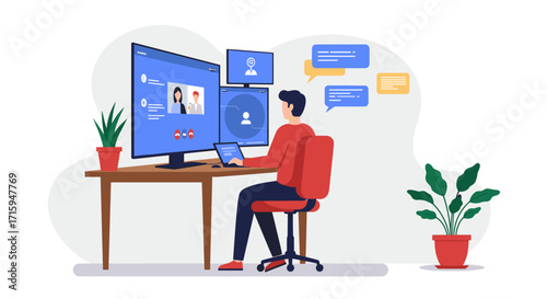 Modern home office video conference setup with flat design elements