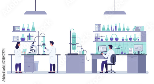 Modern scientific research laboratory with scientists working on experiments and data analysis