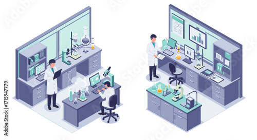 Modern laboratory research scene with scientists in isometric view