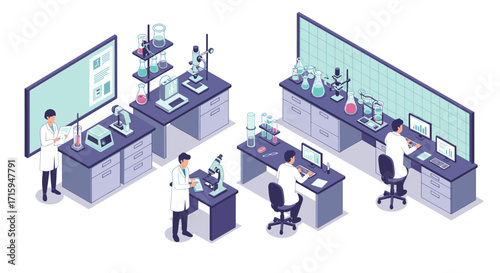 Modern laboratory scene with scientists and equipment in isometric design