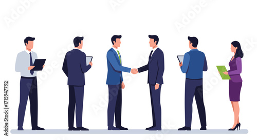 Business professionals shaking hands with colleagues holding devices in flat style