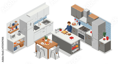 Modern isometric kitchen design with cooking scene and appliances