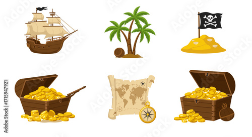 Pirate adventure icons with treasure chest, map, and ship