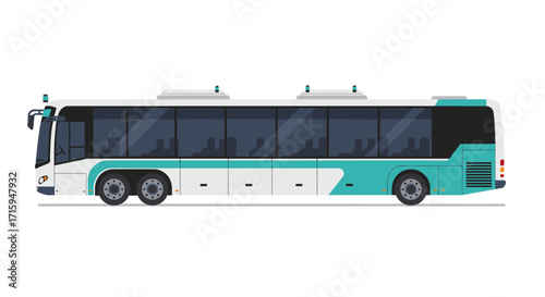Modern electric bus with autonomous technology on white background
