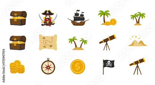 Pirate adventure icons featuring treasure chest, pirate ship, and tropical island illustrations