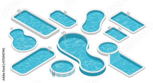 Diverse isometric swimming pool collection featuring various shapes and ladders
