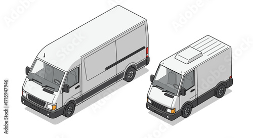 Isometric delivery vans in urban setting featuring commercial vehicles in flat style