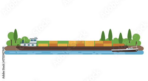 Cargo ship sailing on a river with containers and green trees in a flat design