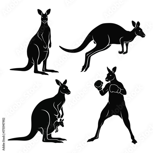 Dynamic kangaroo silhouettes set diverse poses including boxing for artistic representation silhouette