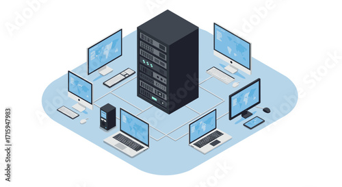 Isometric network configuration with computer devices and server