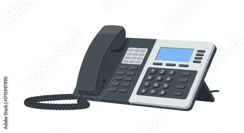 Modern office desk telephone with digital display and keypad on white background