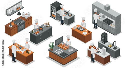 Isometric chefs cooking in modern kitchens with various appliances and ingredients