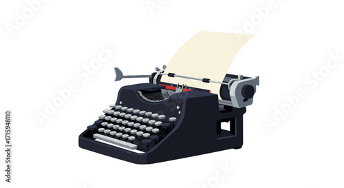 Retro black typewriter with blank paper in a realistic style