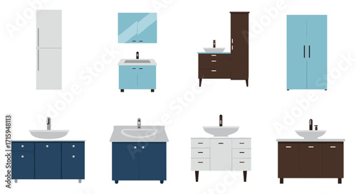 Modern bathroom and kitchen cabinets with sinks and storage in flat design