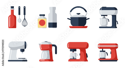 Modern kitchen appliance collection featuring coffee makers and utensils in flat design