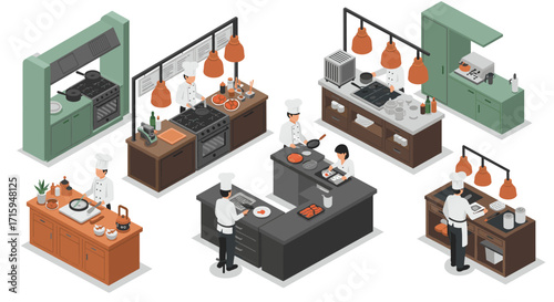 Isometric chef kitchen scenes with appliances and cooking activities