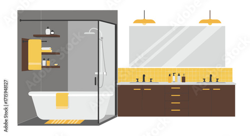 Modern bathroom design with glass shower and stylish vanity in minimalist flat style