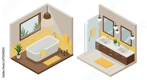 Modern isometric bathroom design with dual sinks and contemporary décor