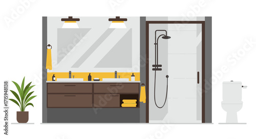 Modern minimalist bathroom design with double vanity and glass shower