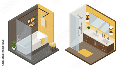 Modern isometric bathroom designs with bathtub and vanity