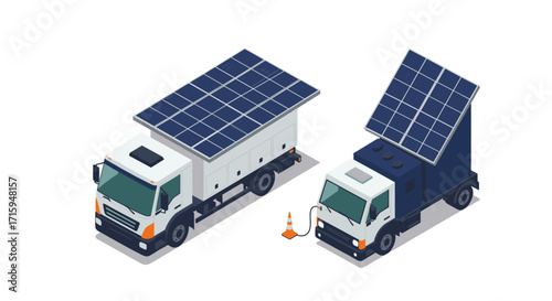 Solar-powered trucks with solar panels in isometric style for sustainable energy solutions