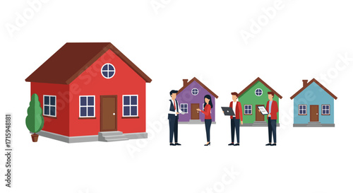 Isometric real estate scene with colorful houses and business team discussion