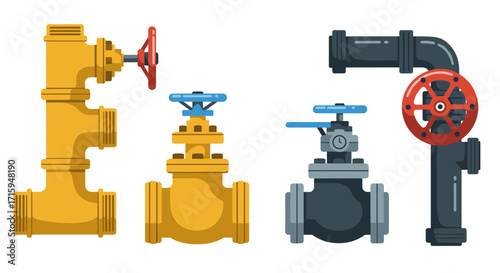 Colorful industrial pipe system with valves on white background