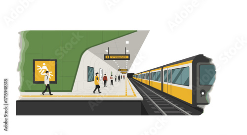 Urban train station platform with commuters and modern architecture