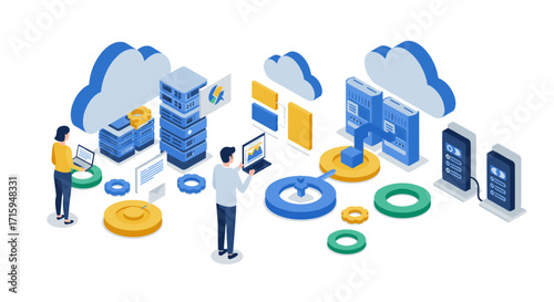 Isometric cloud computing concept with servers, data storage, and digital network solutions