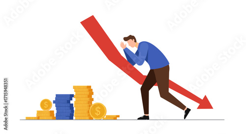 Businessman struggling to push falling arrow near stacks of coins in economic crisis