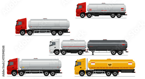 Variety of tanker trucks in different colors and styles on a white background