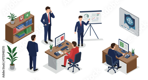 Office team collaboration in isometric design with business presentation and workspace interaction