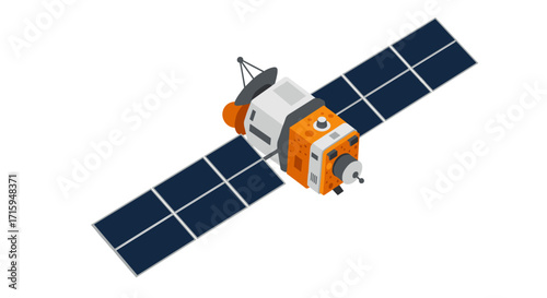 Isometric satellite design with solar panels and communication technology