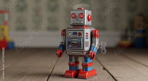A vintage-style tin robot toy stands on a wooden floor, showcasing vibrant colors and detailed design.