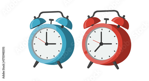 Colorful classic alarm clocks with bells and hands in flat design
