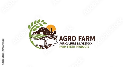 A  design featuring a rustic farm scene with a barn, livestock, and greenery, showcasing a  focused on agriculture and livestock fresh products.