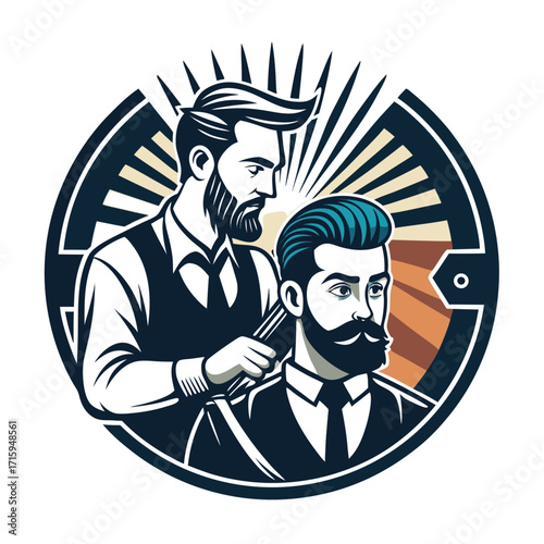 Vintage Barbershop Logo with Barber Cutting Man's Hair
